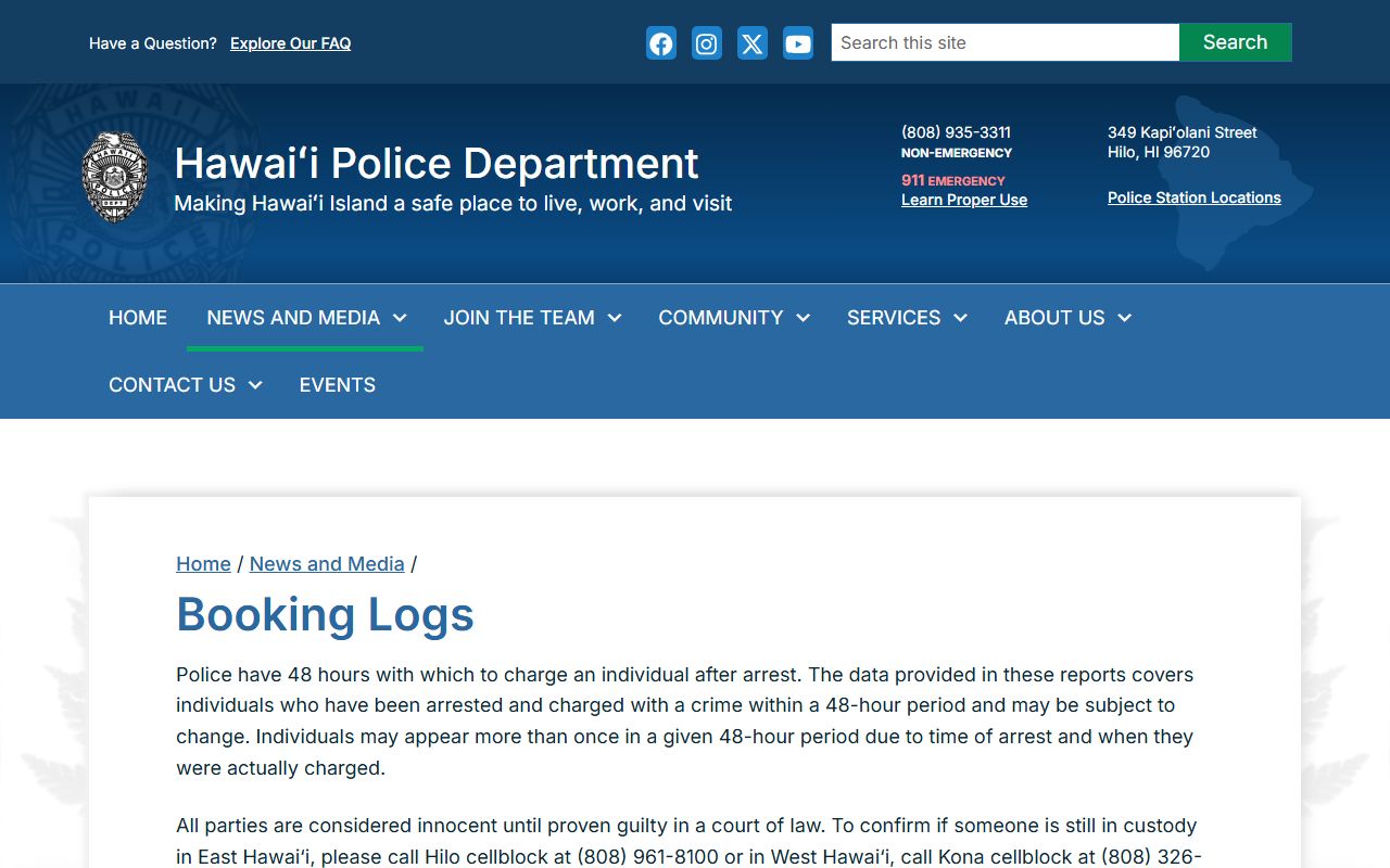 Hawaii County Jail Mugshots booking logs interface