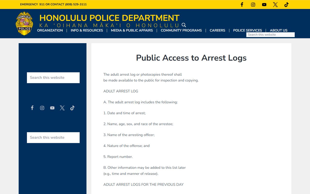 Honolulu County Jail Mugshots HPD arrest logs policy